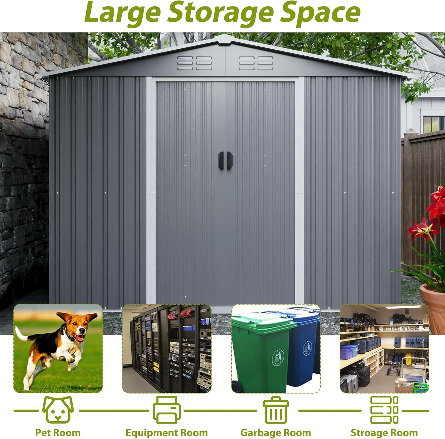 Metal Outdoor Storage Sheds 8 x 6 FT Lockable Metal Garden Shed Steel Anti-Corrosion Storage House with Double Lockable Door for Backyard Outdoor Patio