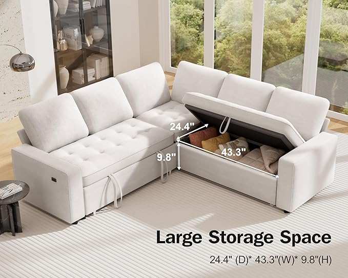 Vipbear 5 Seat L Shaped Modular Sectional Sleeper Sofa Bed with Pull Out Bed/Reclining Backrest/USB Ports/Storage Seat, Sectional Sleeper Couch, Tool-Free Assembly, Chenille Beige