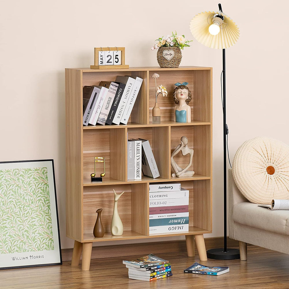 LEYAOYAO Wooden 7 Cube Book Shelf, Natural 3 Tier Bookshelf with Legs, Modern...