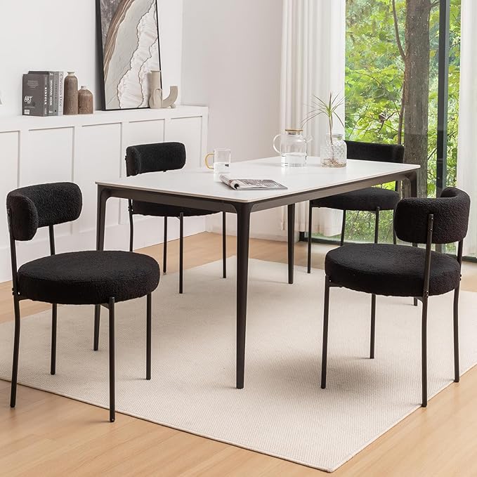 Boucle Dining Chairs Set of 4, Mid Century Modern Dining Room Chairs with Metal Legs, Upholstered Kitchen Chairs for Dining Room, Kitchen (Black)