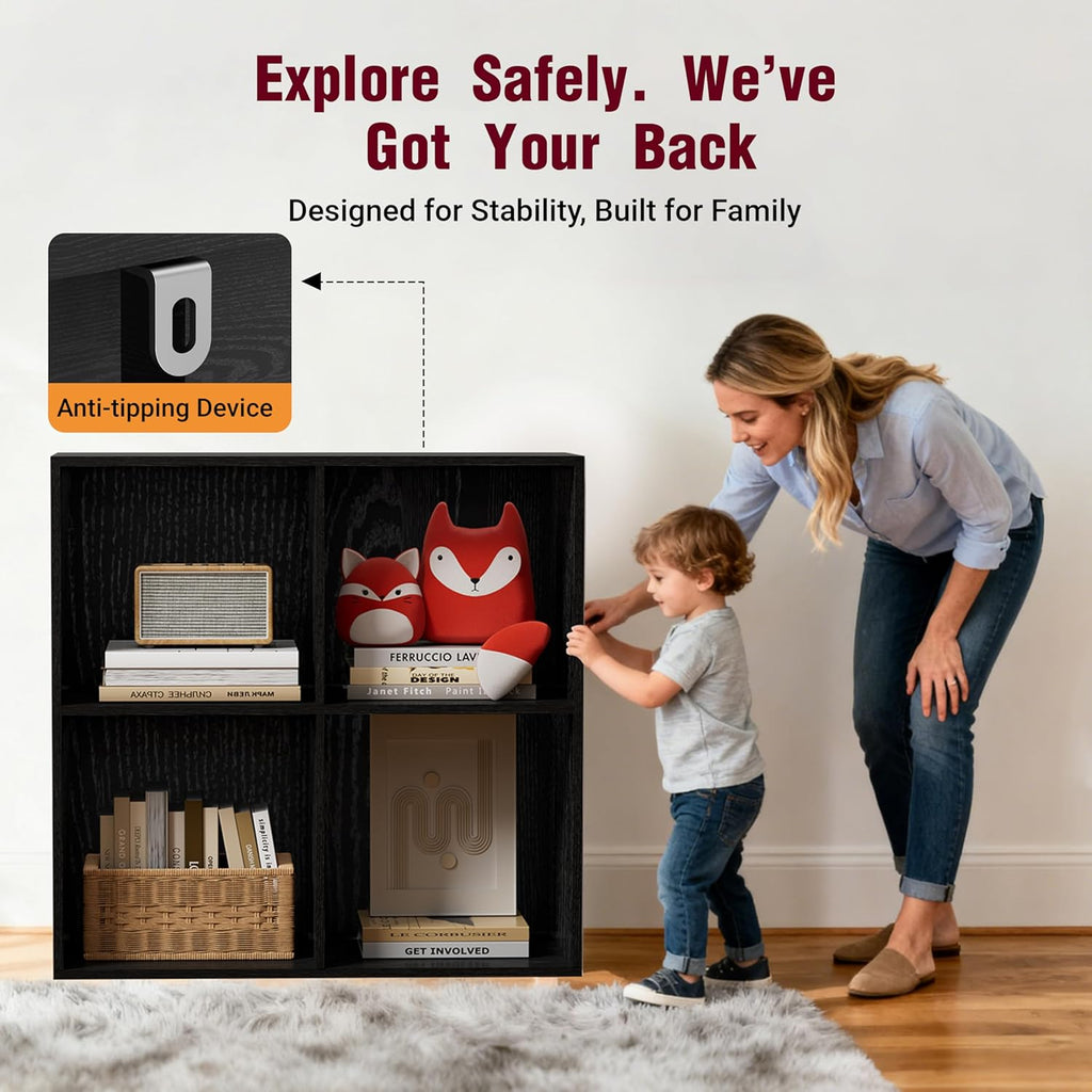 Book Shelf, Wooden Cube Storage Organizer with 11" Open Cubes, Stackable Modular Bookcase for Room Divider Storage, 2 Tier Bookshelf for Living Room, Bedroom, Office (Black, 4-Cube)