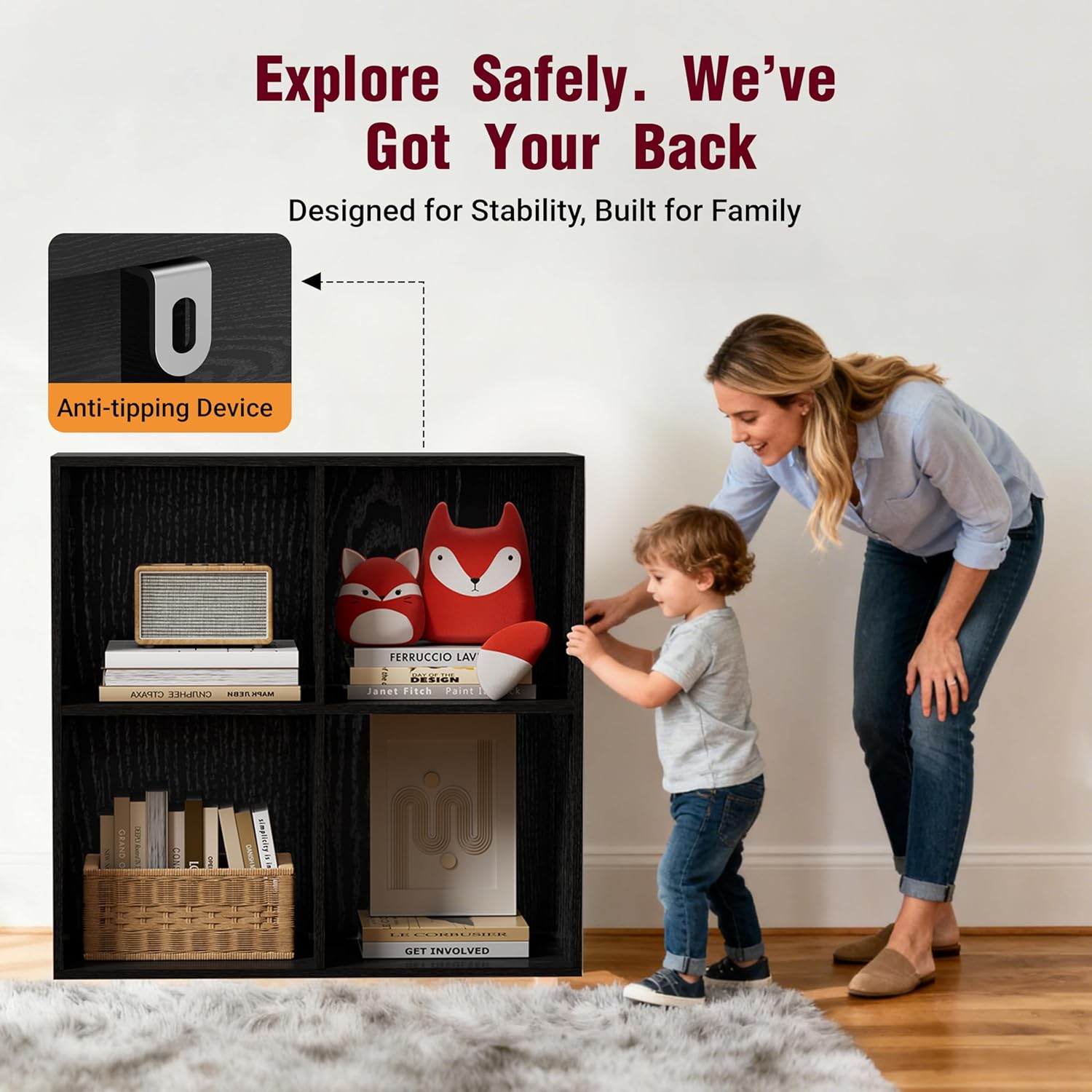 Book Shelf, Wooden Cube Storage Organizer with 11" Open Cubes, Stackable Modular Bookcase for Room Divider Storage, 2 Tier Bookshelf for Living Room, Bedroom, Office (Black, 4-Cube)