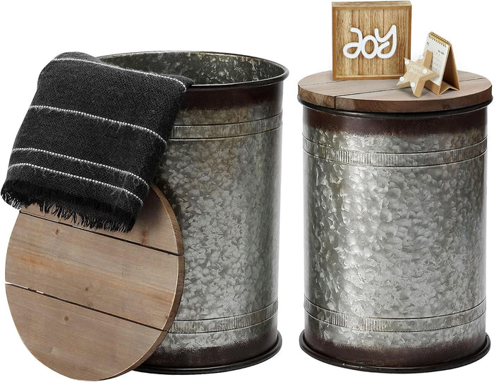 Rustic Storage Ottoman Seat Stool, Farmhouse Accent Side Table, Antique Galvanized Metal End Table Box Bin with Round Wooden Lid Set of 2 (Stand Galvanized)