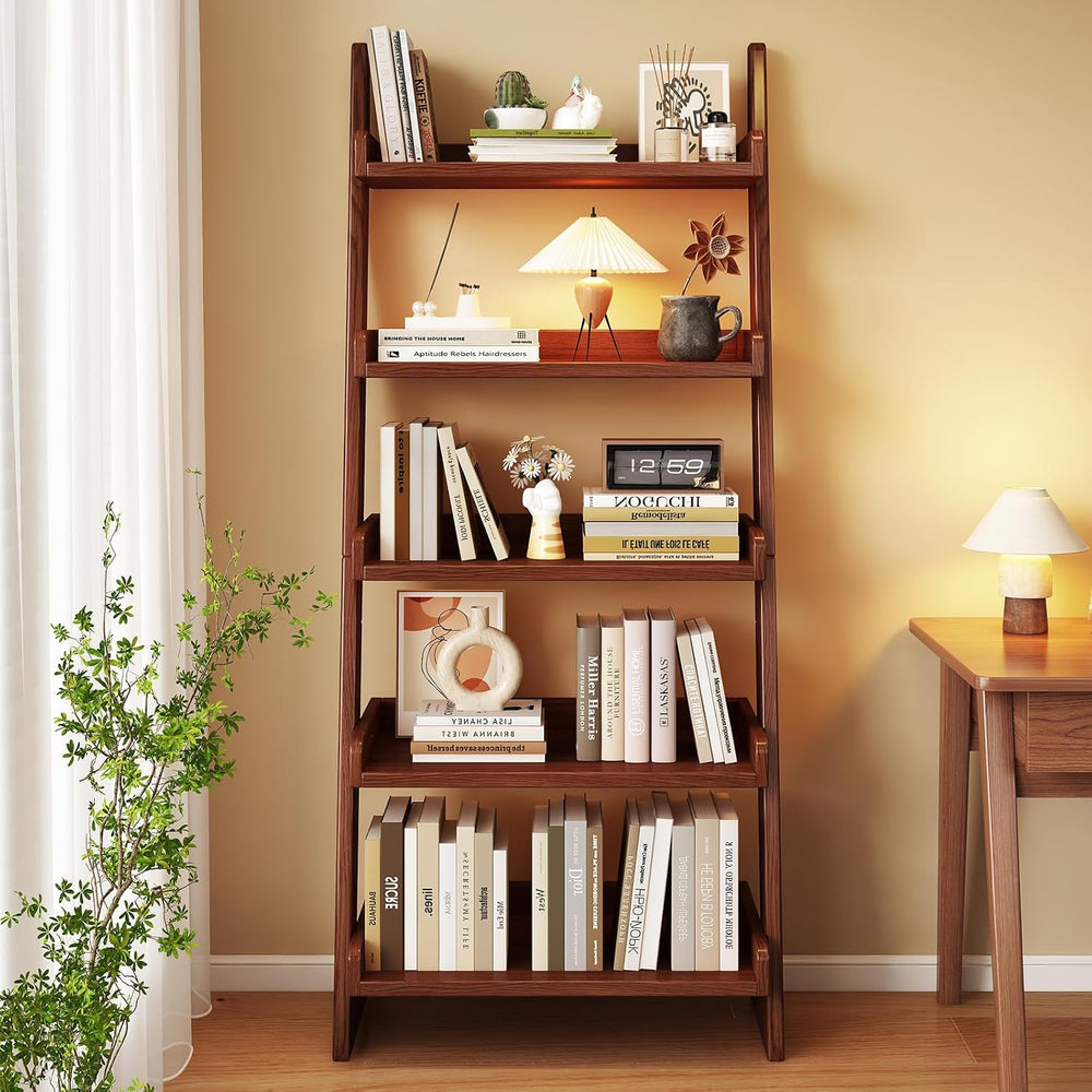 5 Tier Ladder Shelf, Ladder Bookshelf with Wood Frame