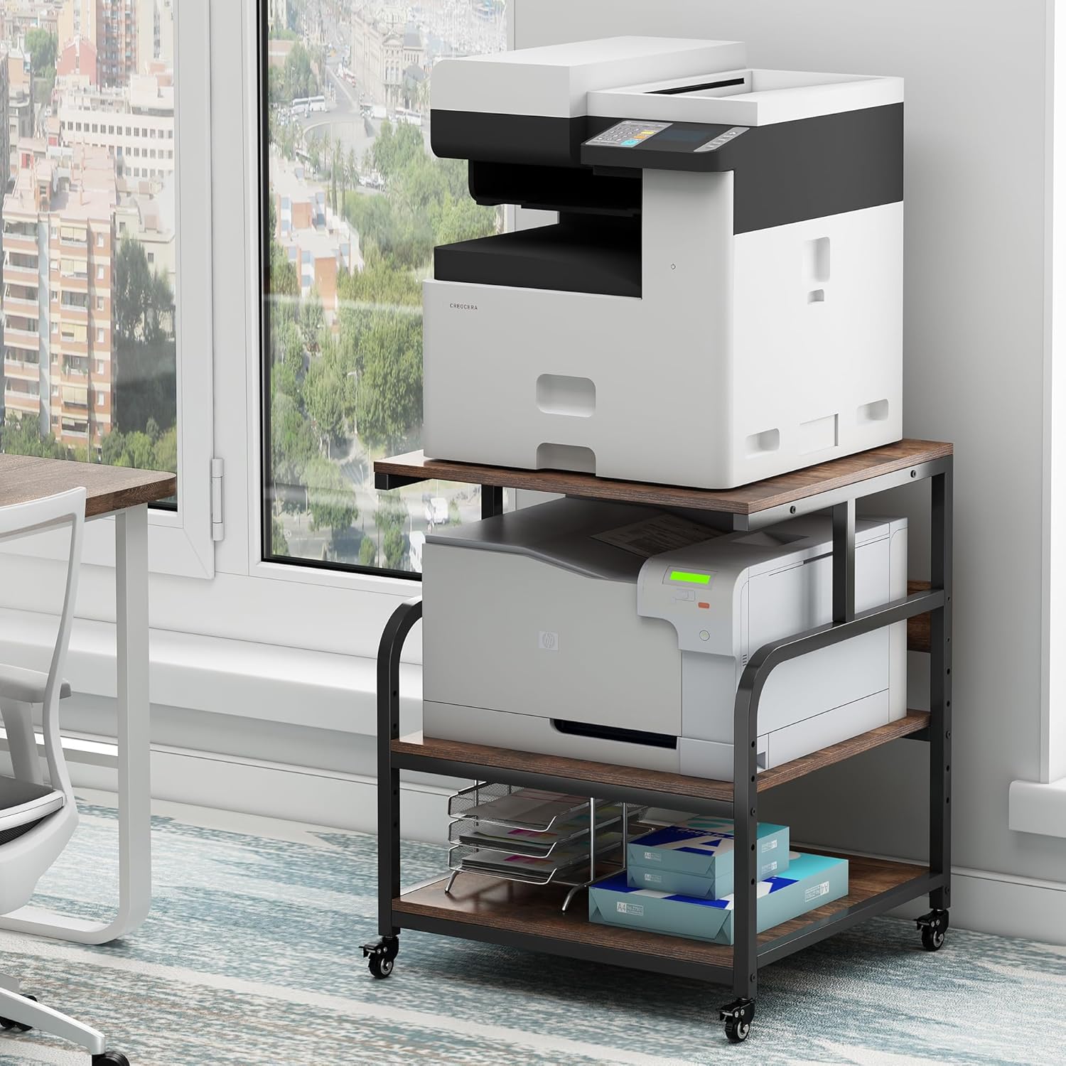 23.6" Deep Extra Large Printer Stand, 3 Tier Printer Table with Adjustable Storage Shelf, Rolling Printer Cart with Industrial Wheels for Home Office, Rustic Brown