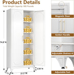 Polup 75" Tall Metal Kitchen Pantry Storage Cabinet with Doors and Shelves | White Freestanding Cupboard, 5-Tier Heavy Duty, 4 Adjustable Shelving, Gold Handles, for Garage, Dining Living Room, Office