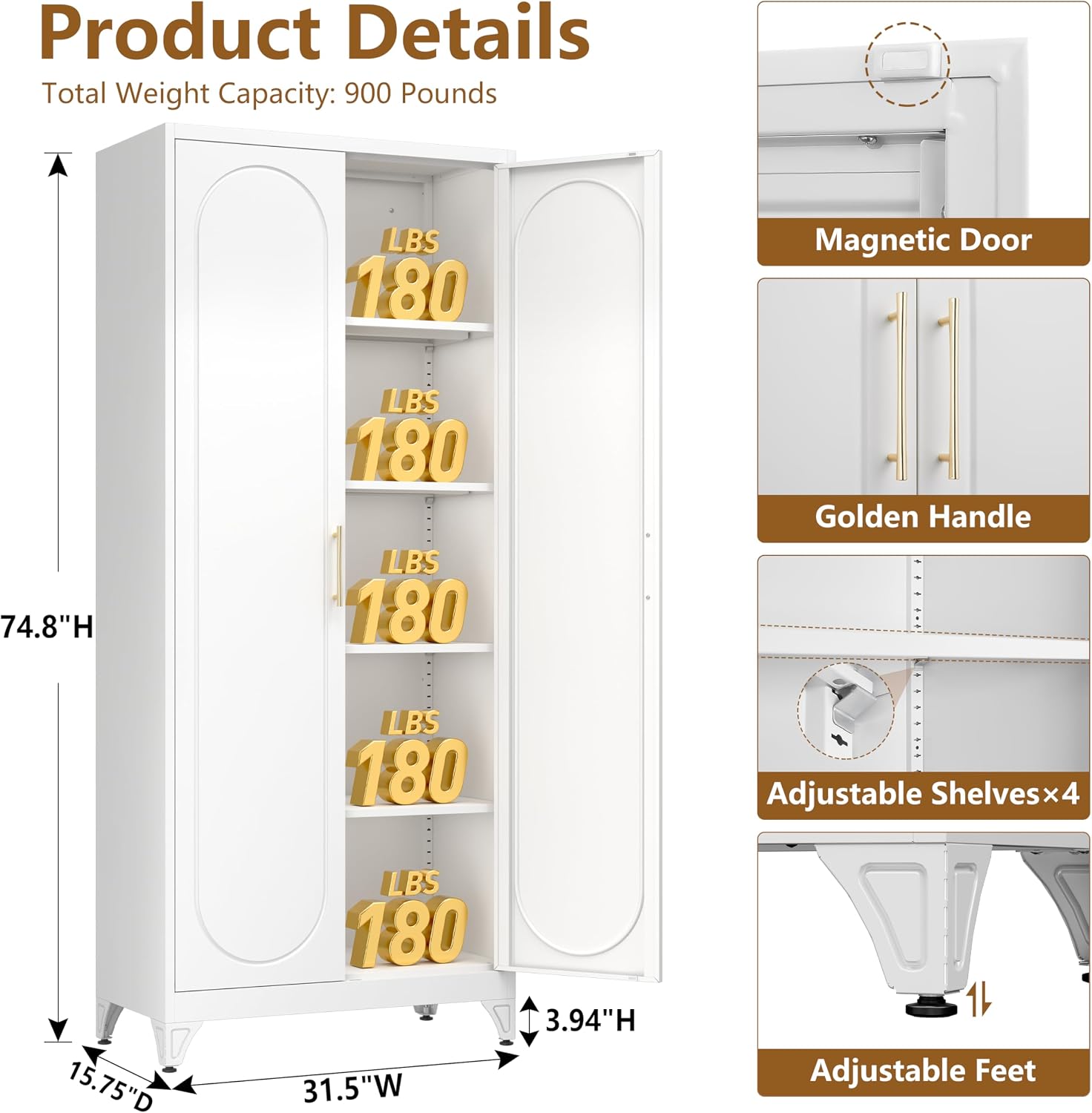 Polup 75" Tall Metal Kitchen Pantry Storage Cabinet with Doors and Shelves | White Freestanding Cupboard, 5-Tier Heavy Duty, 4 Adjustable Shelving, Gold Handles, for Garage, Dining Living Room, Office