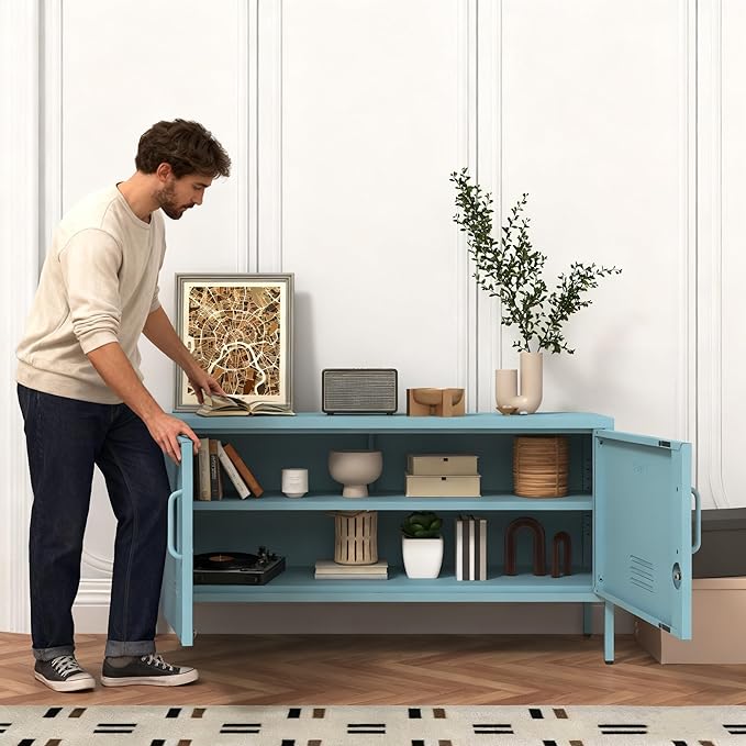 Blue Lockable Metal TV Stand Entertainment Center, Heavy Duty Storage Cabinet Supports 80+ Inch TVs, Multifunctional Media Console for Home Living Room Office 22" H X 35.4" W X 13.8" D
