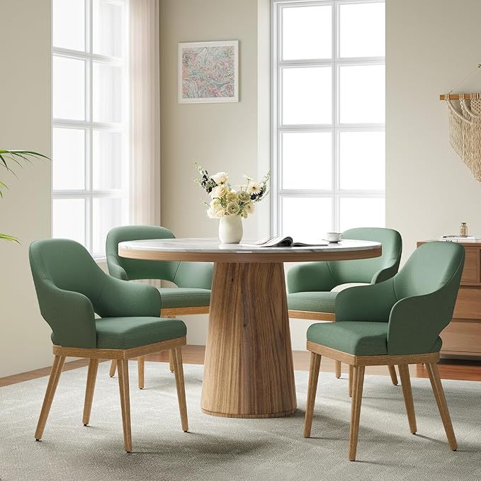 Wooden Dining Chairs Set of 4, Modern Fabric Upholstered Dining Room Chair, Kitchen Side Chairs, Farmhouse Dinner Chair with Open Back for Kitchen, Green