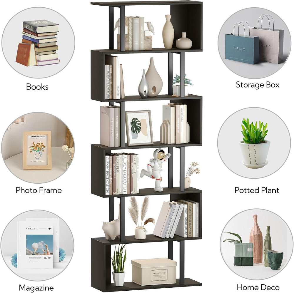 Yusong Geometric Bookcase, S Shaped Bookshelf 6-Tier Book Shelves for Bedroom...