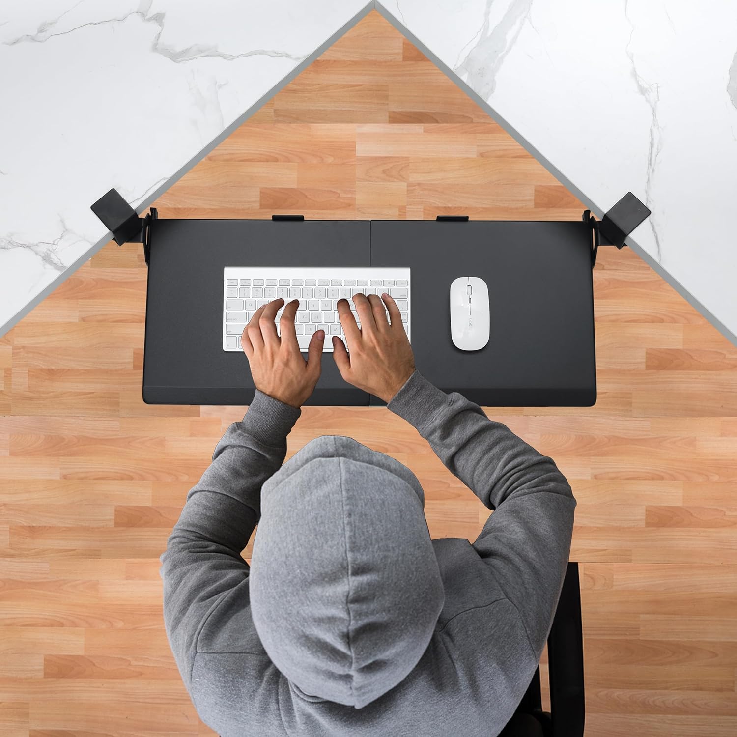 ETHU Keyboard Tray Under Desk, Ergonomic Corner Keyboard Tray with 180° Adjustable C Clamp for L Shape Desk 26.77" X 12.2" Easy to Install, Computer Keyboard Stand for Home and Office(Black)