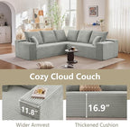 Sectional Cloud Couch for Living Room, Modern Modular Floor Deep-Seat Sofa, Upholstered L Shaped Sofas, Big Comfy Corduroy Couches Set for Living Room Bedroom, No Assembly Required, Grey
