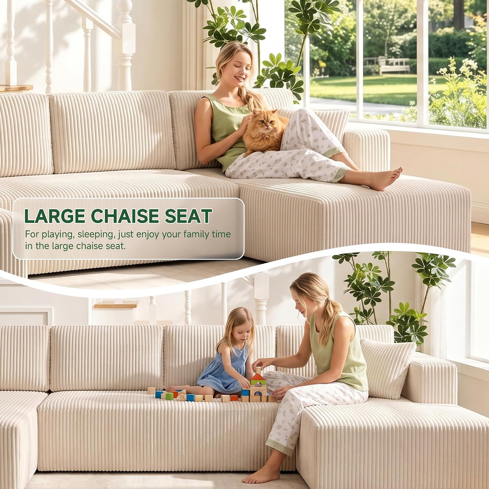 130" Couch U-Shaped Sectional Sofa, Beige | Corduroy Cloud Couch with Do...