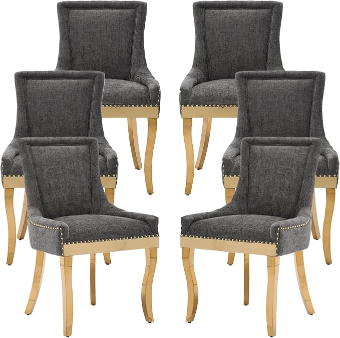 Dining Chairs Set of 6, Kitchen & Dining Room Chairs, Chenille Fabric Upholstered Dinning Chairs, Sillas De Comedor, Nailhead Trim, Metal Legs (Grey, 6 Pcs)