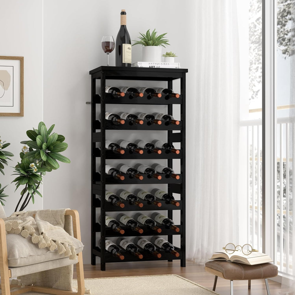 28-Bottle Wine Rack Free Standing Floor, Solid Wood 7-Tier Display Wine Stora...