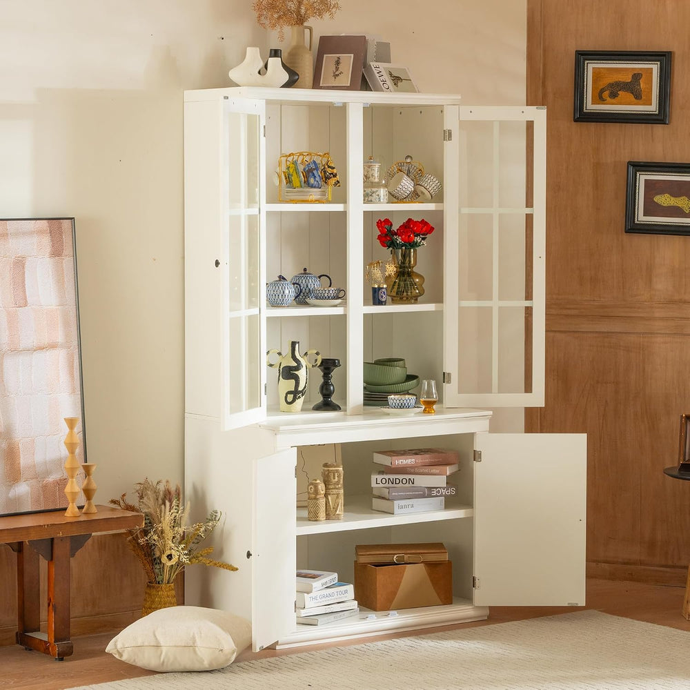 Virubi 75'' Tall China Hutch Cabinet with Glass Doors, Kitchen Pantry...
