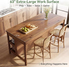 63" Solid Wood Kitchen Island Table with Storage & Seating | Three-Tier Storage, Full-Length Open Shelves, Counter Stool Compatible, Elegant Turned Legs, Farmhouse Style