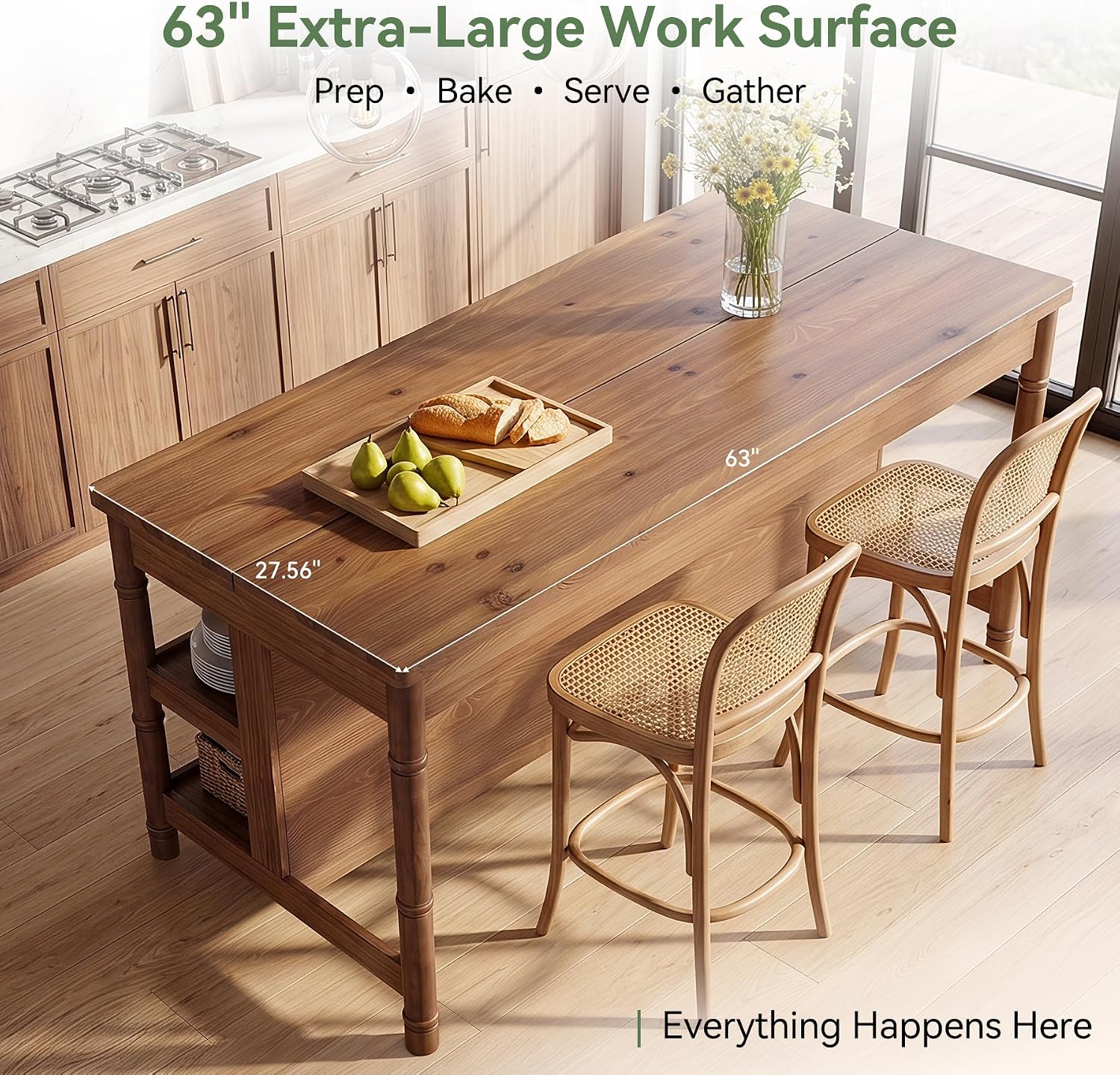 63" Solid Wood Kitchen Island Table with Storage & Seating | Three-Tier Storage, Full-Length Open Shelves, Counter Stool Compatible, Elegant Turned Legs, Farmhouse Style