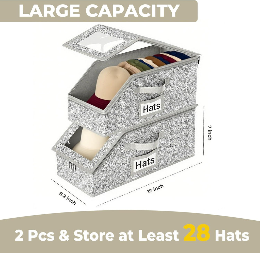 2 Pack Hat Organizer Box for Women & Men, Foldable Storage Box with Clear Lid for Baseball, Cowboy Caps, Stackable Clear Hat Organizer, Store up to 28 Caps, Grey