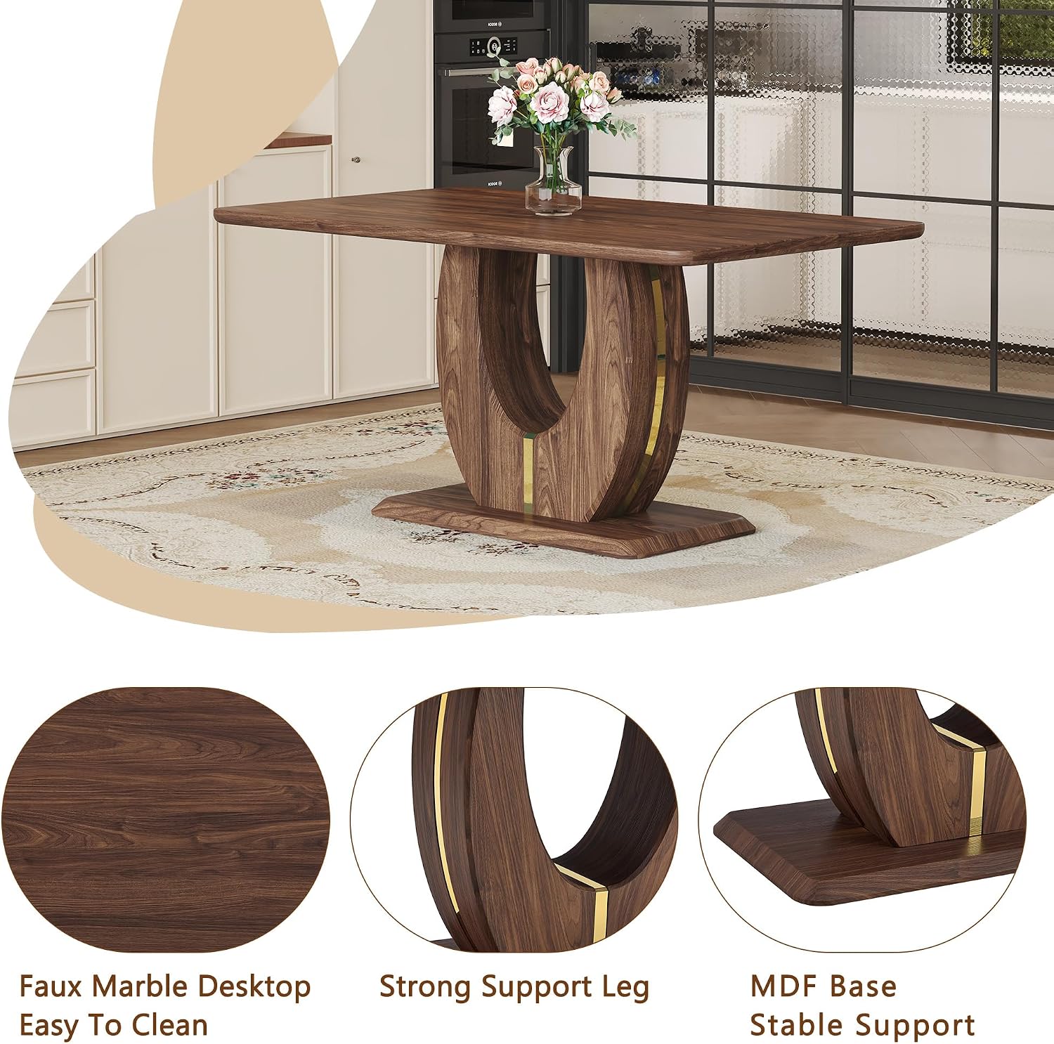 JUFU Dining Table Set for 6, 63 Inch Rectangular Kitchen Table and 6 PU Upholstered Chairs, Walnut Wood Grain MDF Tabletop, U-Shaped Pedestal Base, Modern Dining Room Set for Kitchen, Apartment