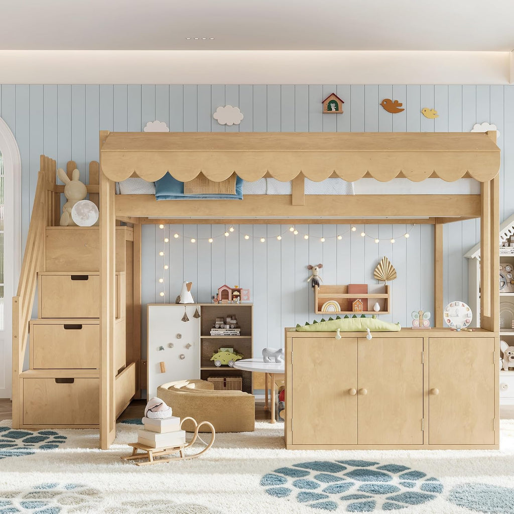 Full Over Full Loft Bed with Storage Stairs and Pretend Store Counter (Full)