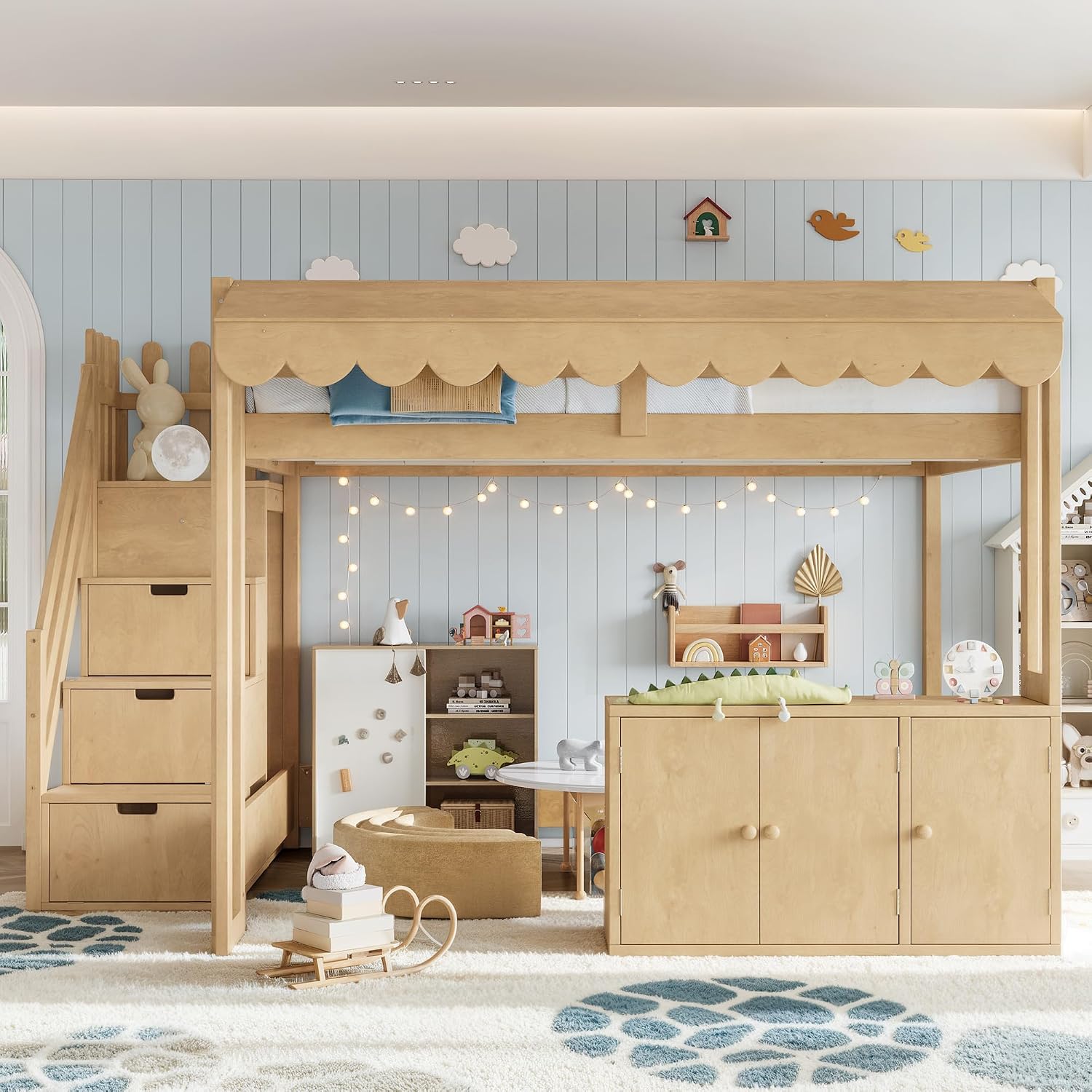 Full Over Full Loft Bed with Storage Stairs and Pretend Store Counter (Full)