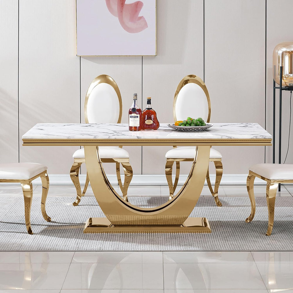 70" White Marble Dining Table, Luxury Kitchen Table for 6 8, Large Recta...