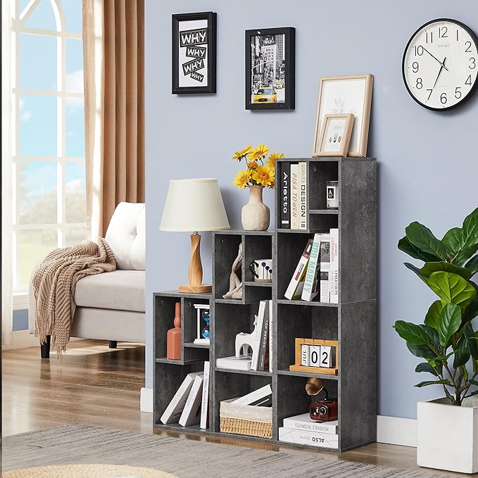 VECELO Small Bookshelf, 3 Cube Shelf, Fits Tallest Hardcovers, Horizontal Available, Modern Storage Organzier for Small Spaces, Modern Gray