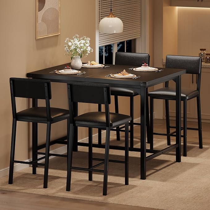 IDEALHOUSE Dining Table Set for 4 w/Footrest & Corner Protector, 5-Piece Kitchen Table Set with Counter Height Table & 4 Upholstered Bar Stools, for Kitchen Room, Apartment, Pub, Retro Black