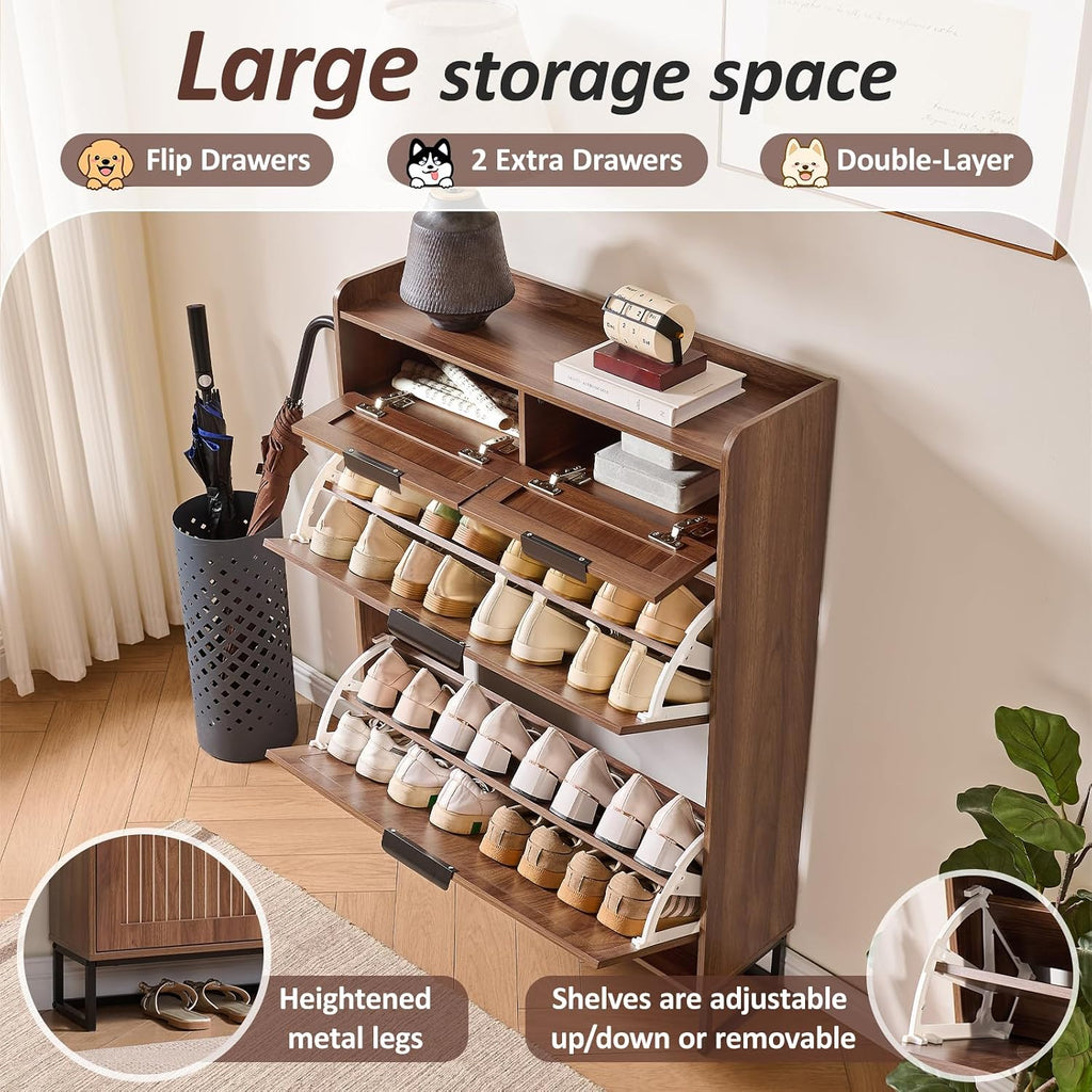 Fluted Shoe Cabinet Storage for Entryway – Narrow Shoe Rack with 2 Flip Drawers & 2 Storage Drawers, Freestanding Hidden Shoe Organizer for Foyer, Hallway (Walnut)