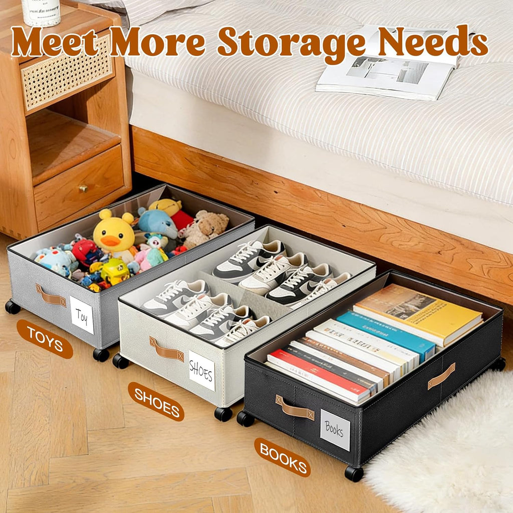 Under Bed Storage with Wheels, Rolling Under Bed Storage Containers with Clear Lid and Handles for Clothes, Shoes, Blankets, Pillows, Toys, Books, Bags (60L, 30.9 x 16.9 x 6.7in, Black, 2 Pack)