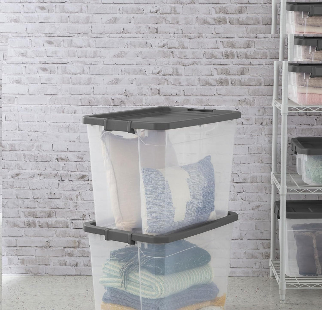 108-Quart Clear Plastic Stackable Storage Tote with Latching Lid, Textured Grip, Flat Grey Lid,Heavy Duty Stackable Storage Bins, – Closet, Bathroom, Office Organizer