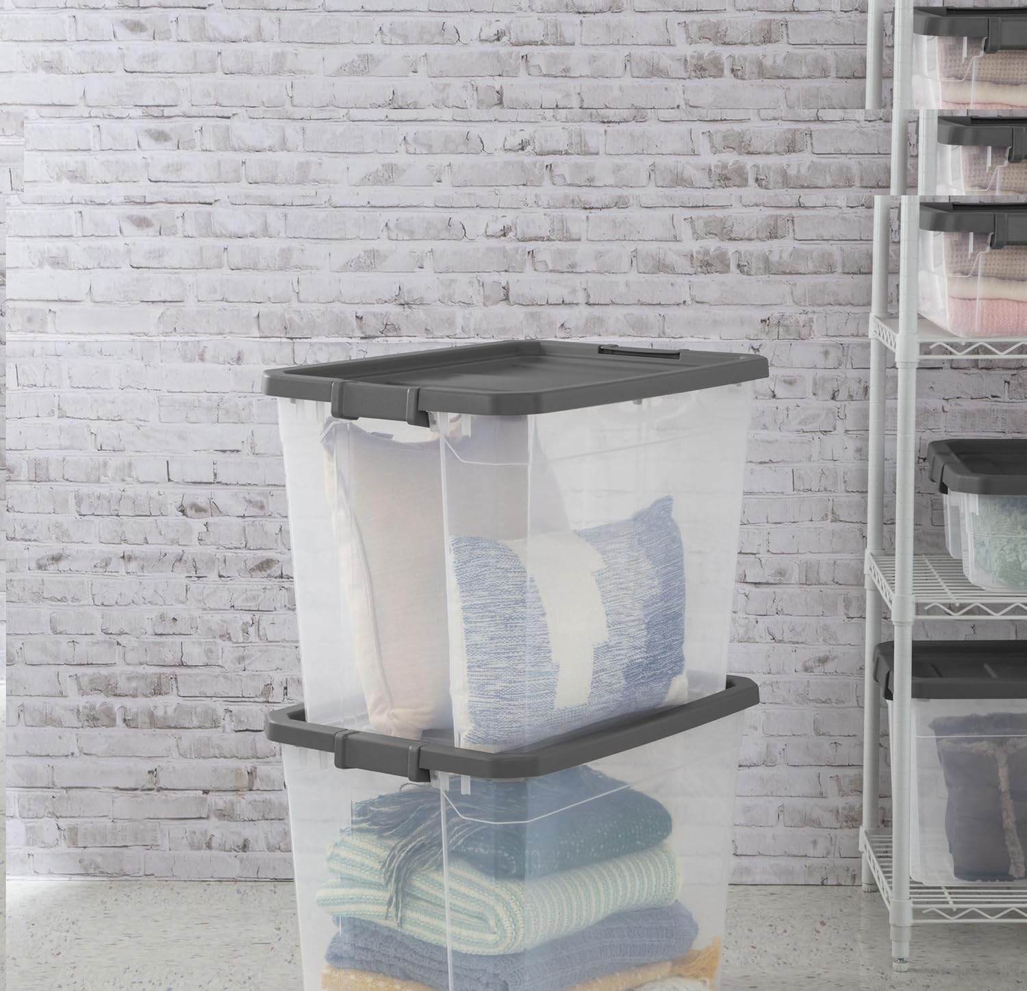 108-Quart Clear Plastic Stackable Storage Tote with Latching Lid, Textured Grip, Flat Grey Lid,Heavy Duty Stackable Storage Bins, – Closet, Bathroom, Office Organizer