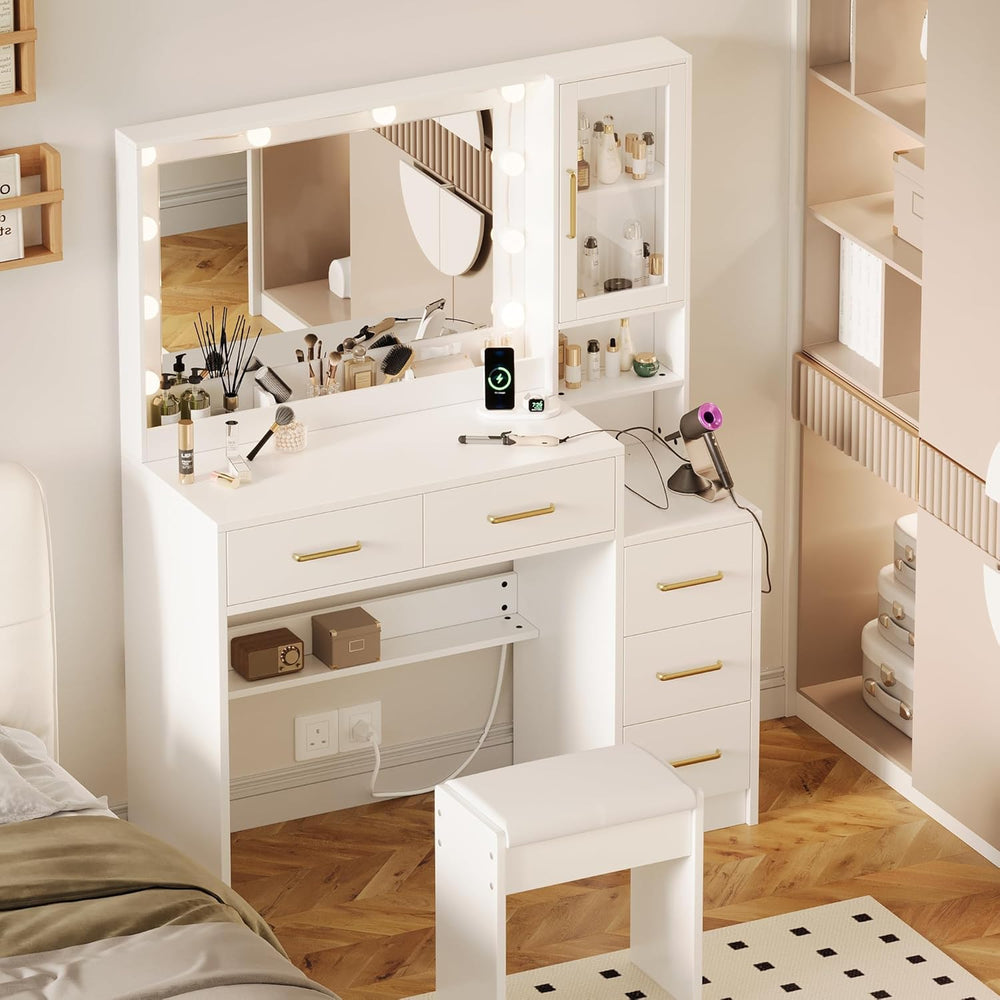 TOKSOM Makeup Vanity with Lights & Charging Station, White Vanity Table w...