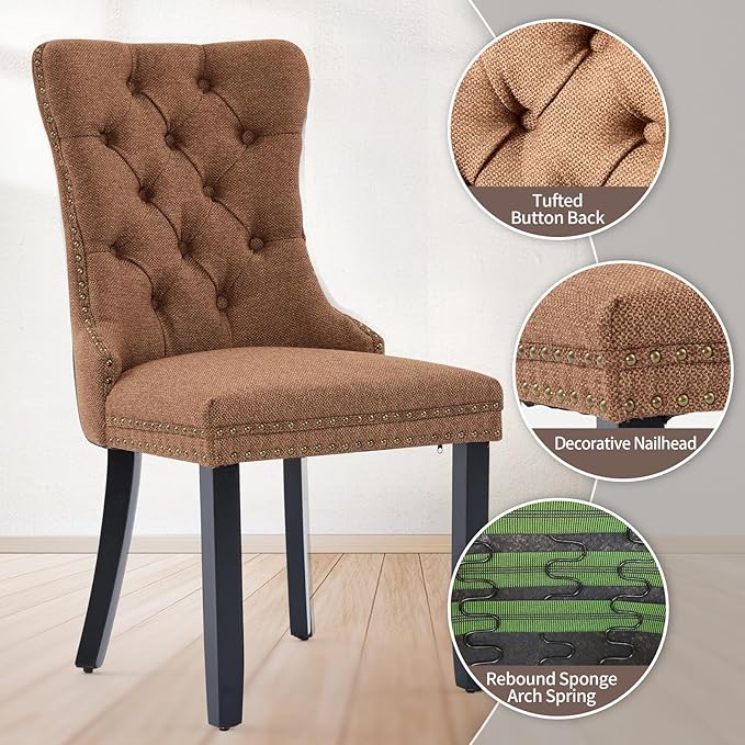 Brown Dining Chairs Set of 6, Upholstered Tufted Linen Fabric Dining Room Chairs with High Back, Nailhead Trim and Black Solid Wood Legs, Modern Dining Chair for Dining Room, Kitchen(Brown)