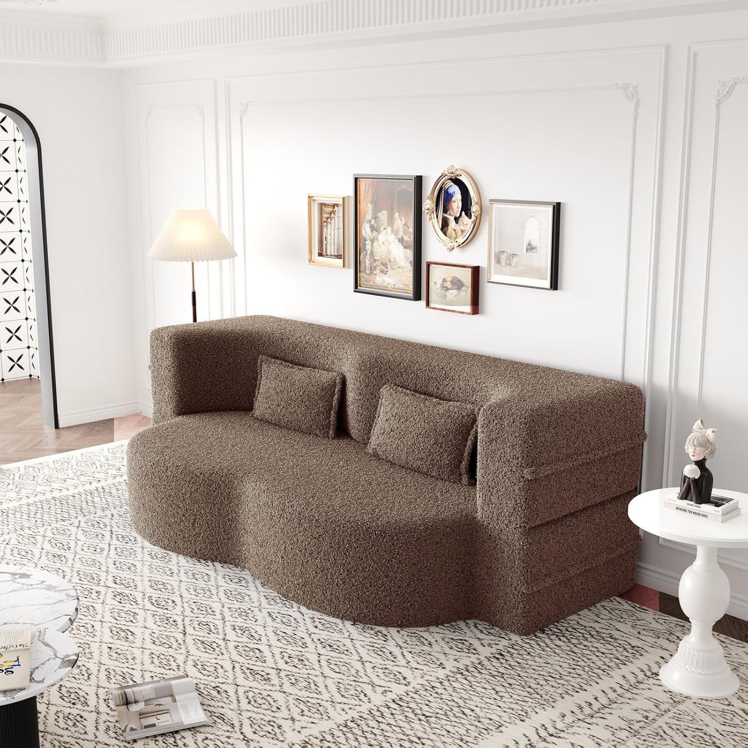 2 in 1 Convertible Folding Sofa Bed, Teddy Fleece Lazy Lounge Sofabed, Foam Folding Floor Sofa Bed, 78" Full Size Memory Foam Couch for Living Room Guestroom, No Assembly Required Sofabed (Brown)
