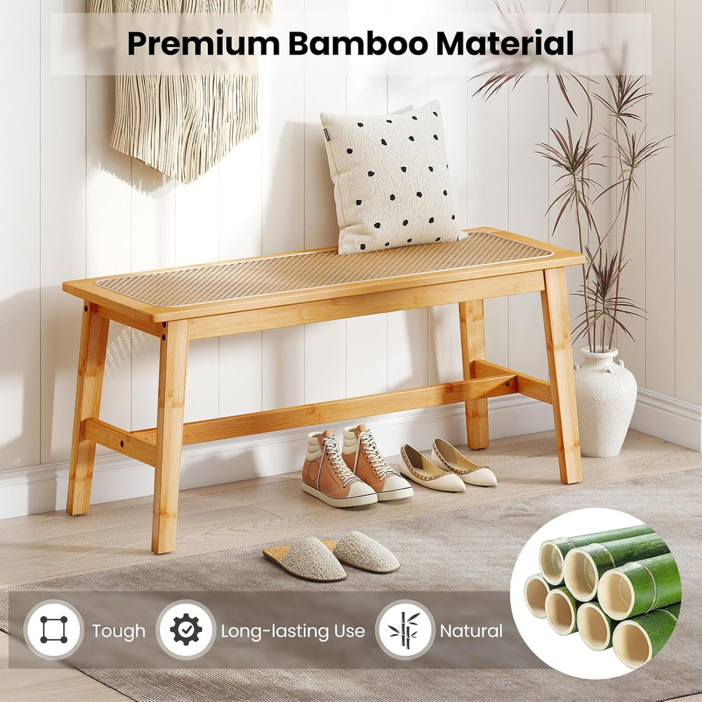 GOFLAME 39.5” Bamboo Dining Bench with Rattan Seat, Farmhouse End of Bed Benc...