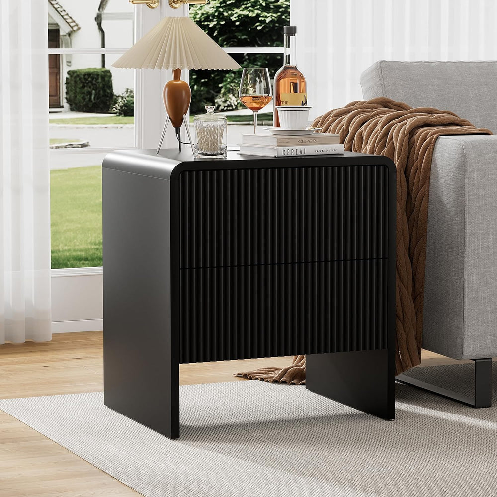 Furniway Set of 2 Modern Curved Nightstand with 2 Drawers, Push-to-Open Woode...