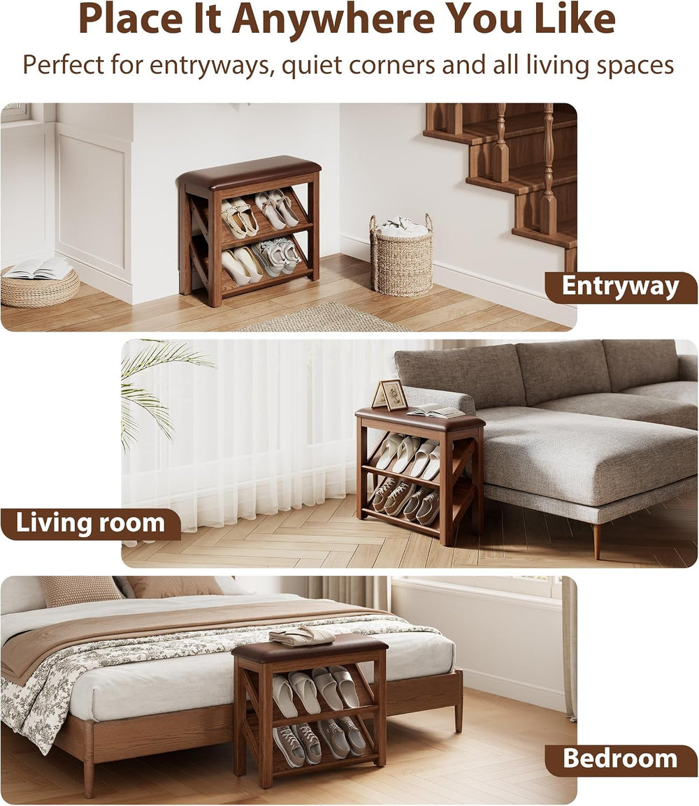 AQIMUELE Rubberwood Shoe Bench with Leather Cushion and Slanted Shelves | Sol...