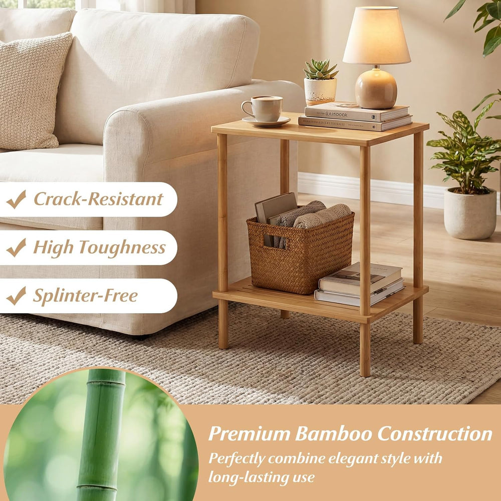 Giantex Bamboo Side Table Set of 2, 2-Tier Sofa End Bedside Table w/Storage S...