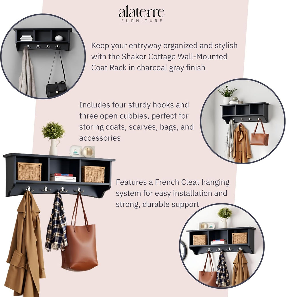 Alaterre Shaker Cottage Wall-Mounted Coat Rack with Cubbies, Charcoal Gray