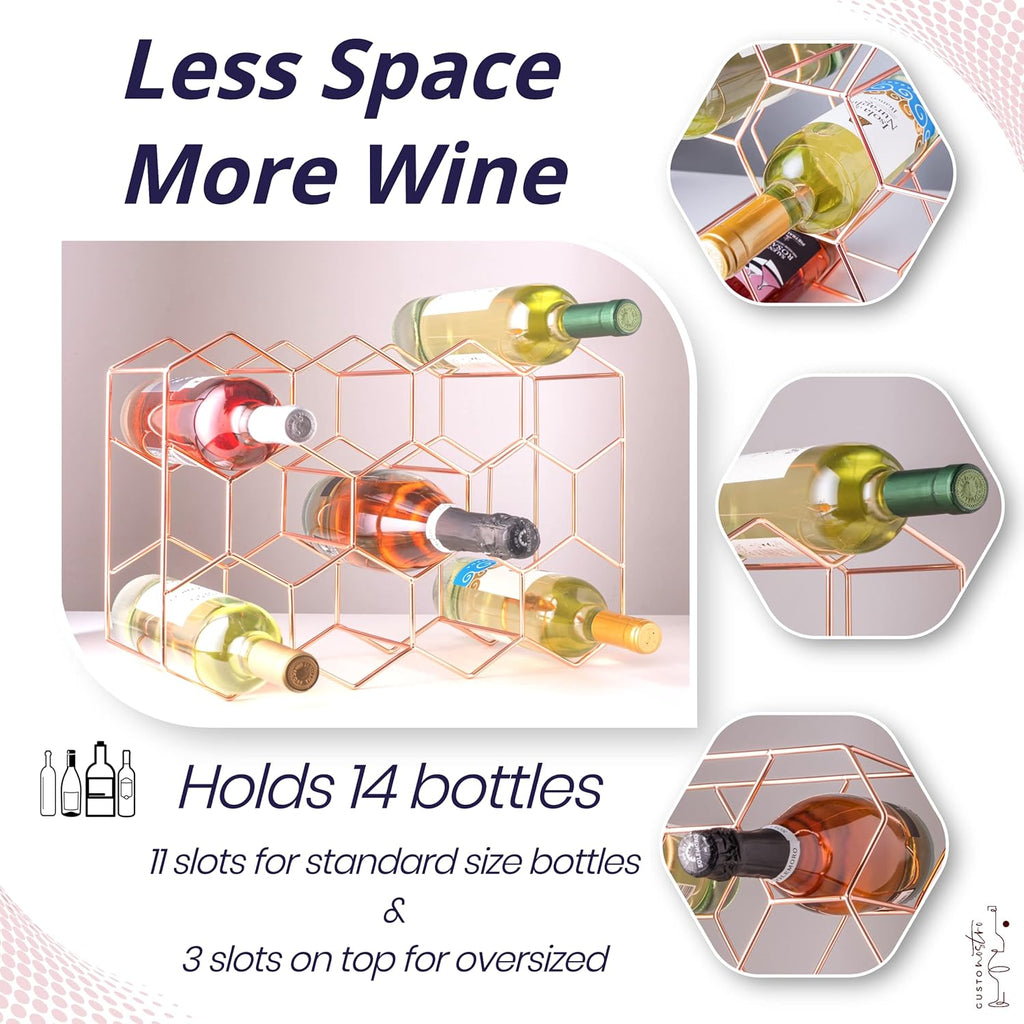 Gusto Nostro Countertop Wine Rack - 14 Bottle Freestanding Modern Metal Wine Rack - 3 Tier Tabletop Wine Holder Stand for Cabinet, Pantry Wine Bottle Storage - No Assembly Required (Small, Rose Gold)