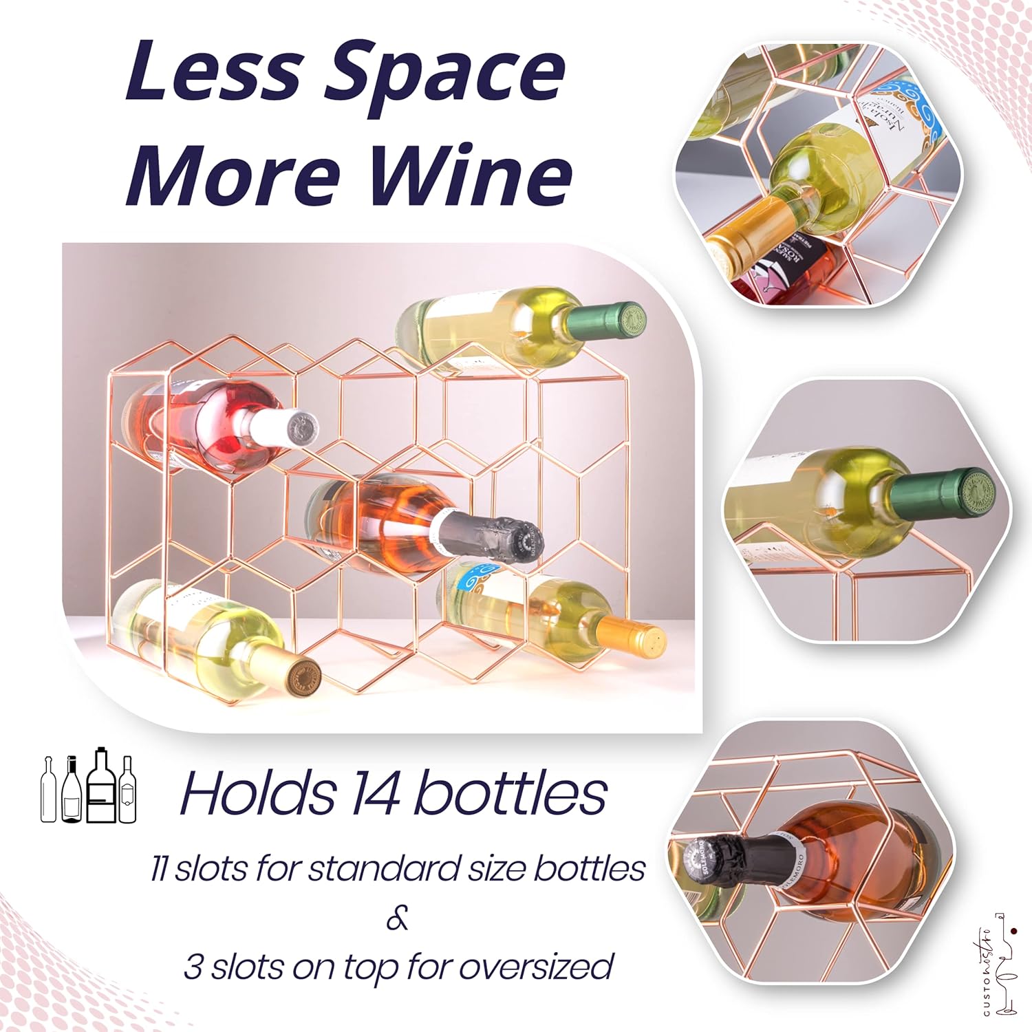 Gusto Nostro Countertop Wine Rack - 14 Bottle Freestanding Modern Metal Wine Rack - 3 Tier Tabletop Wine Holder Stand for Cabinet, Pantry Wine Bottle Storage - No Assembly Required (Small, Rose Gold)