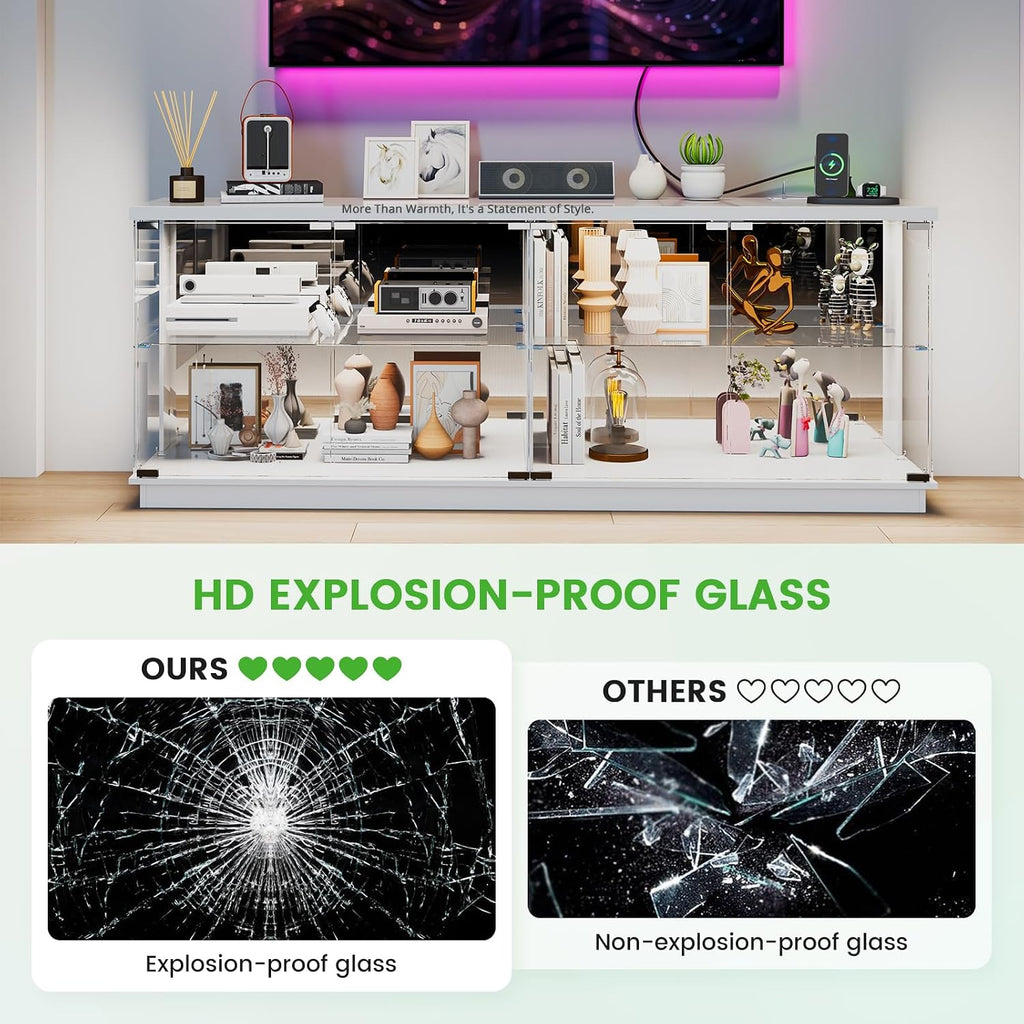 HNEBC 71" Glass TV Stands with Charging Station&Light for Living Room-White | Display Cabinet TV Console with Motion-Senser RGB LED Lights, 2 AC Outlets,USB-C Ports, Entertainment center with Doors