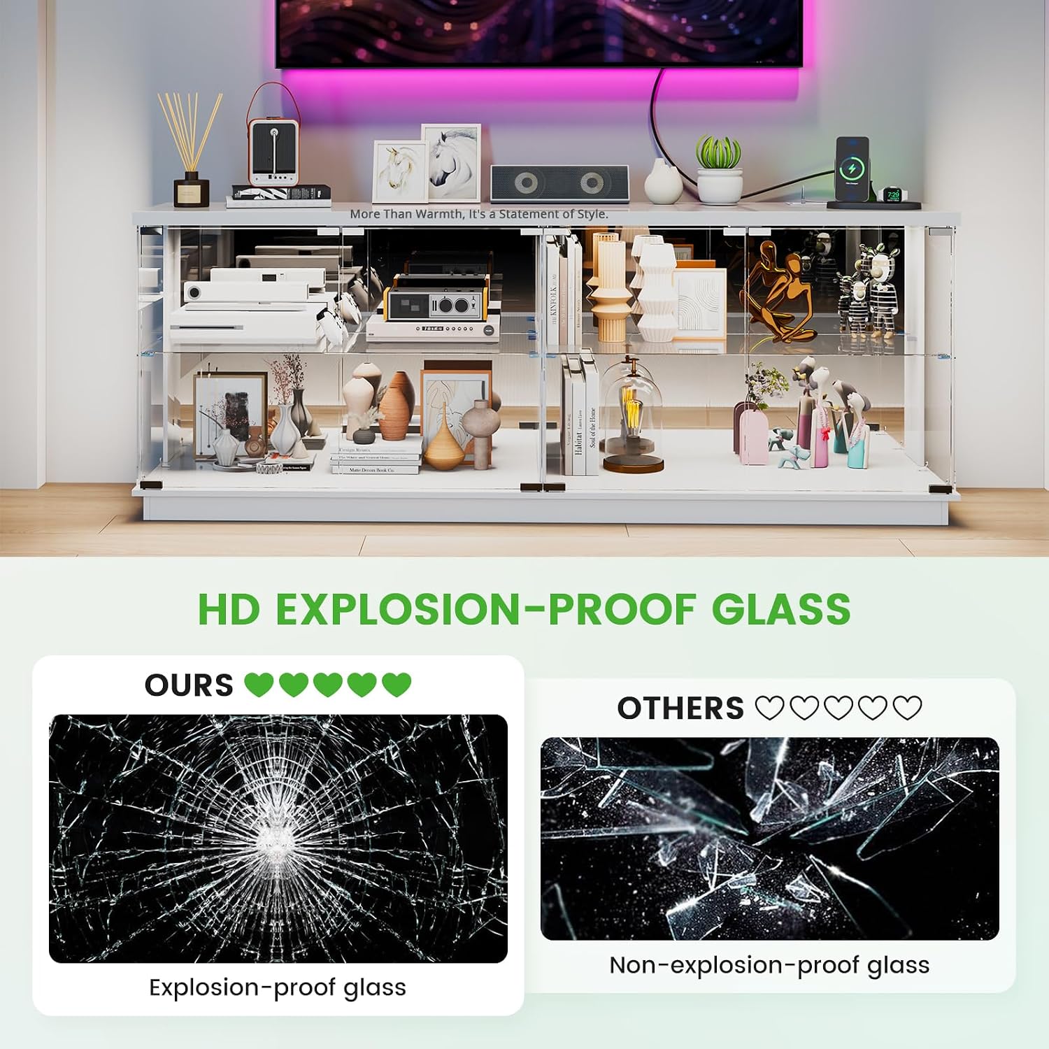 HNEBC 71" Glass TV Stands with Charging Station&Light for Living Room-White | Display Cabinet TV Console with Motion-Senser RGB LED Lights, 2 AC Outlets,USB-C Ports, Entertainment center with Doors