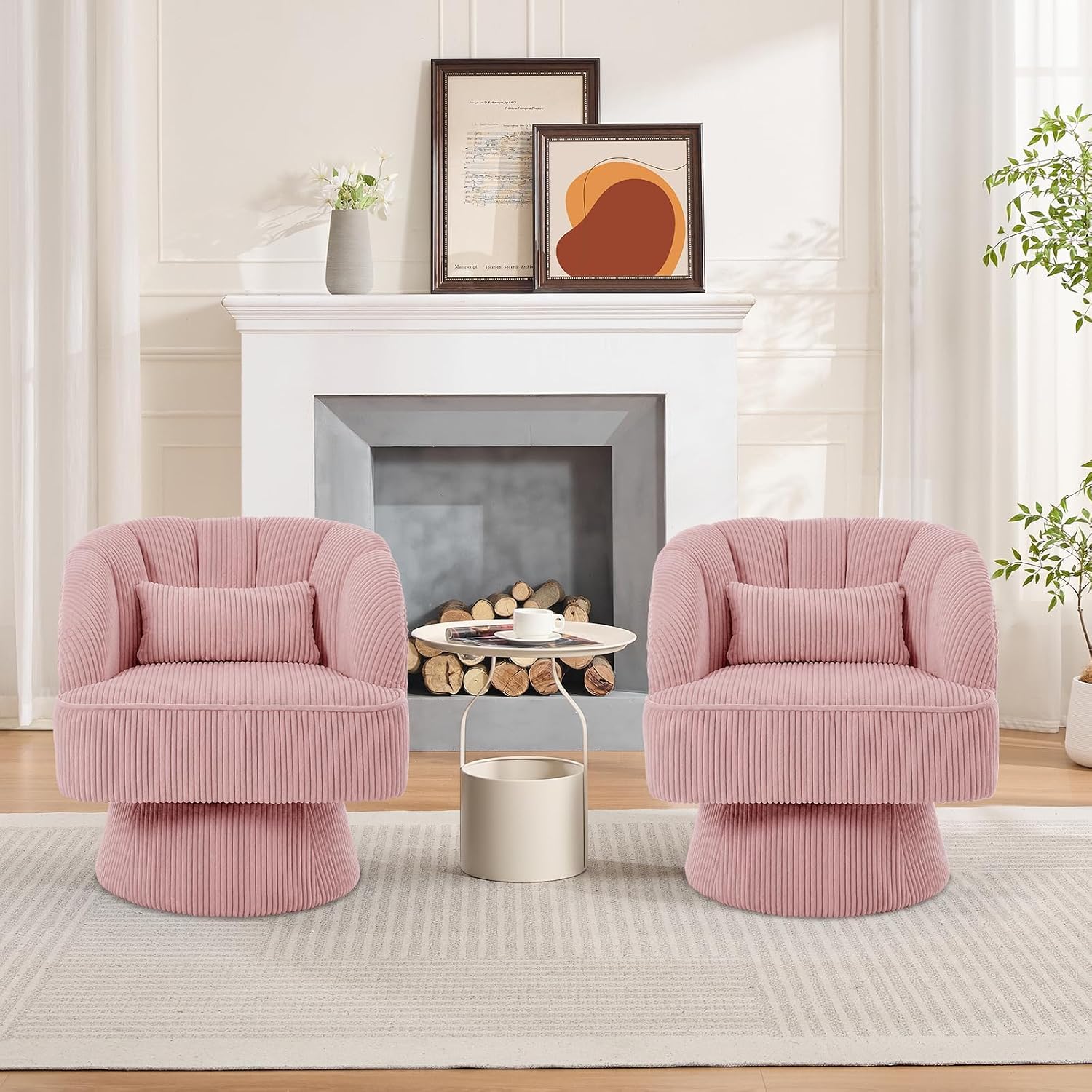 Modern 360° Swivel Barrel Accent Chair, Velvet Upholstered Armchair with Striped Backrest & Plush Cushion, Comfy Round Lounge Chair for Living Room Bedroom, Pink