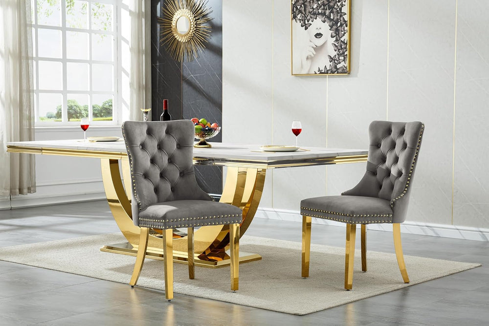 7 Piece Marble Dining Table Set for 6, 94 inch Large White Faux Marble Table ...