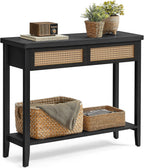 VASAGLE Console Sofa Table, Narrow Entryway Table, 2 Drawers, Open Storage Shelf, Rounded Corners, for Living Room, Boho Style, Ash Black ULNT016BF01S