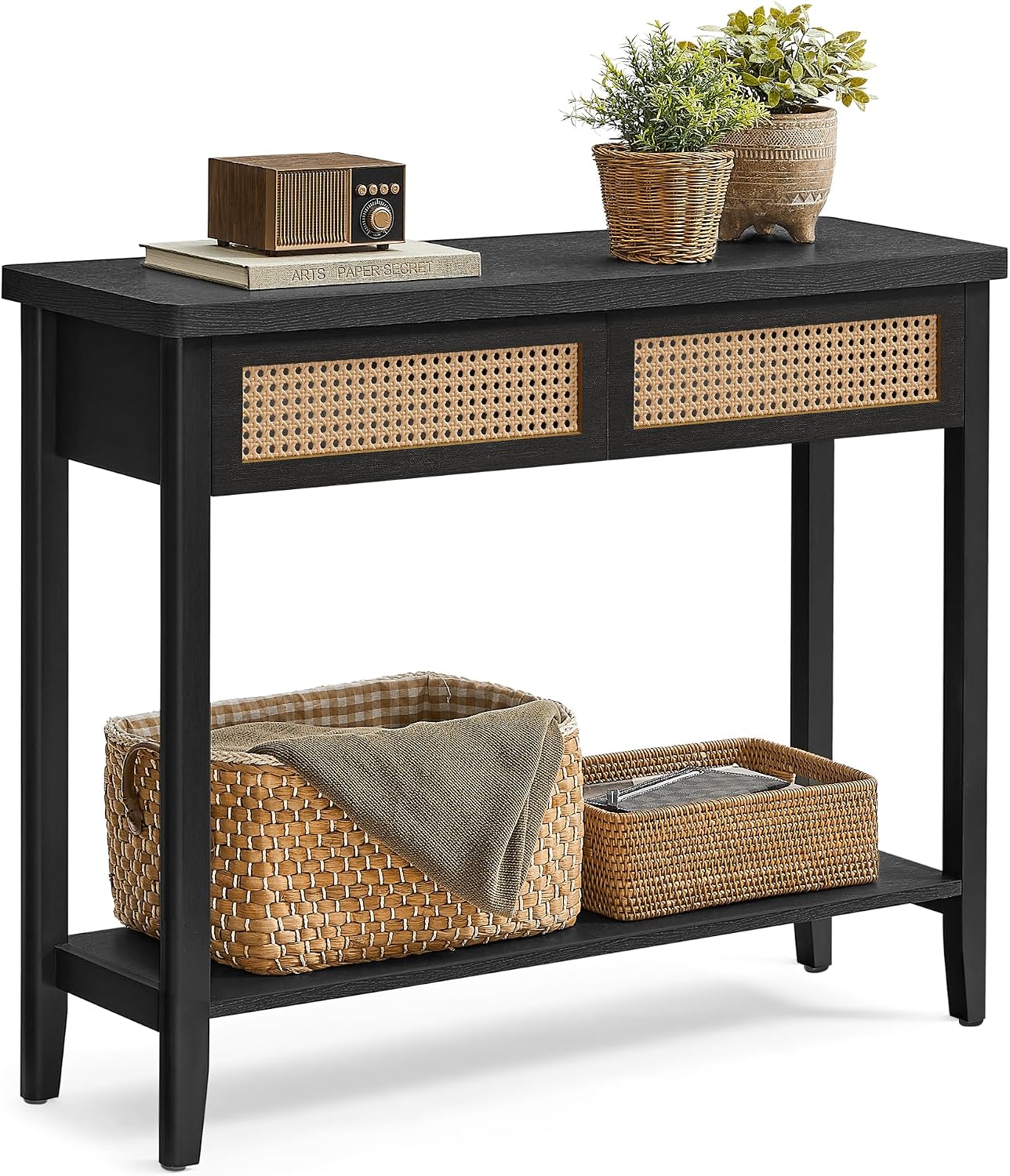VASAGLE Console Sofa Table, Narrow Entryway Table, 2 Drawers, Open Storage Shelf, Rounded Corners, for Living Room, Boho Style, Ash Black ULNT016BF01S