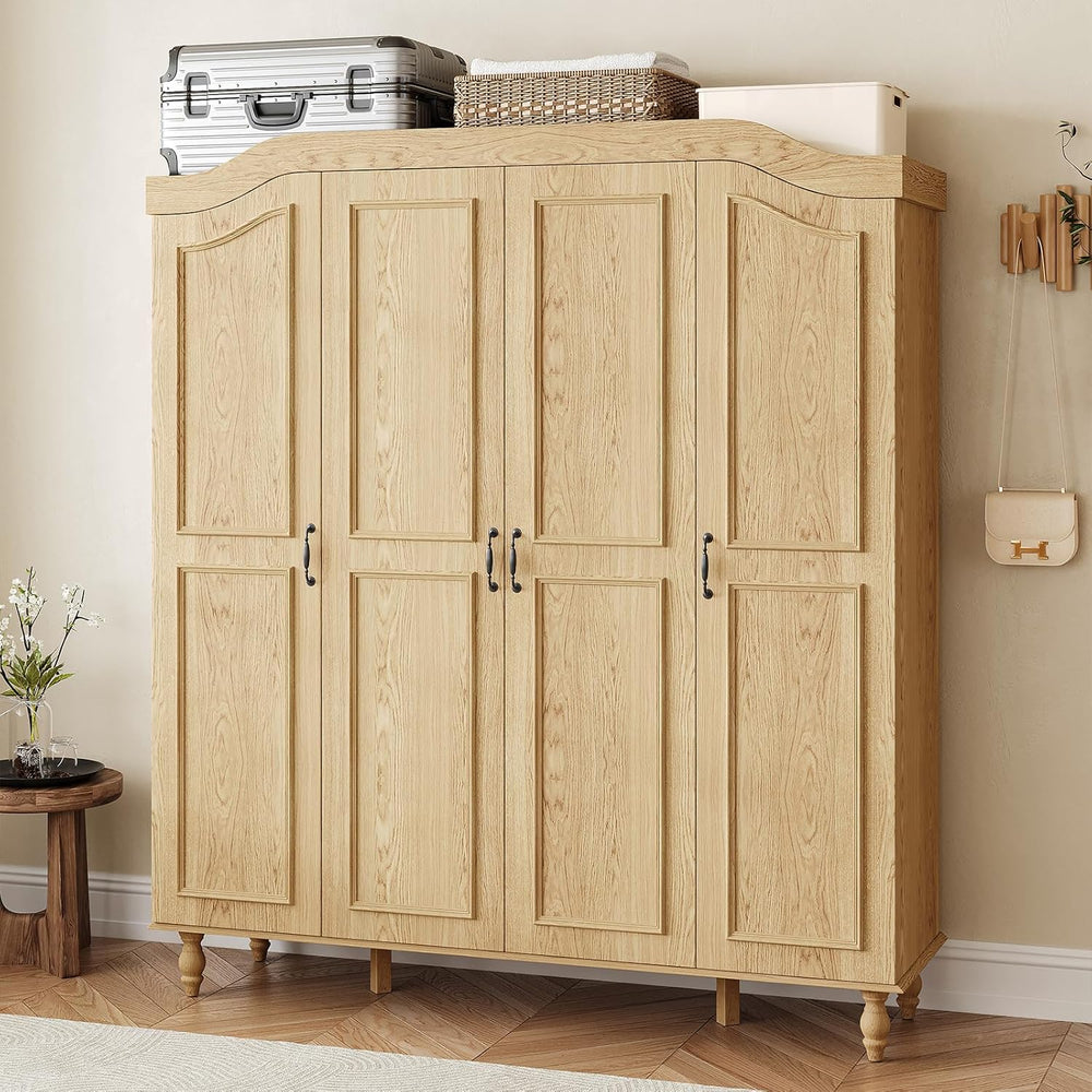 71" H Arched Armoire Wardrobe Closet with 4 Doors, Wooden, Natural